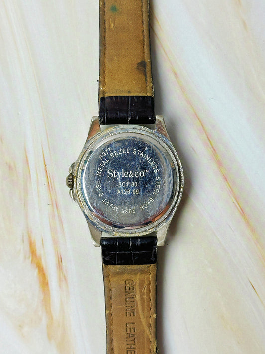 Style & Co. Ladies Watch – Crystal Markers – Mother of Pearl Dial – Black Leather Strap
