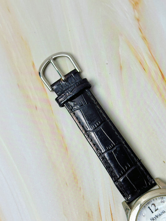 Style & Co. Ladies Watch – Crystal Markers – Mother of Pearl Dial – Black Leather Strap