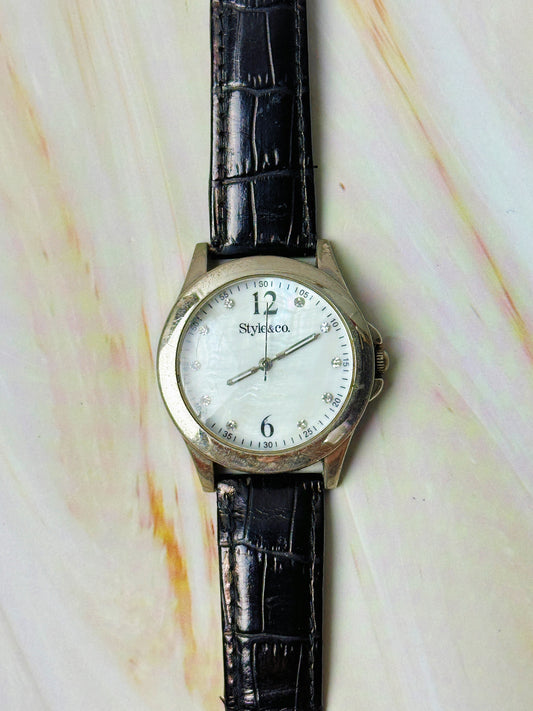 Style & Co. Ladies Watch – Crystal Markers – Mother of Pearl Dial – Black Leather Strap