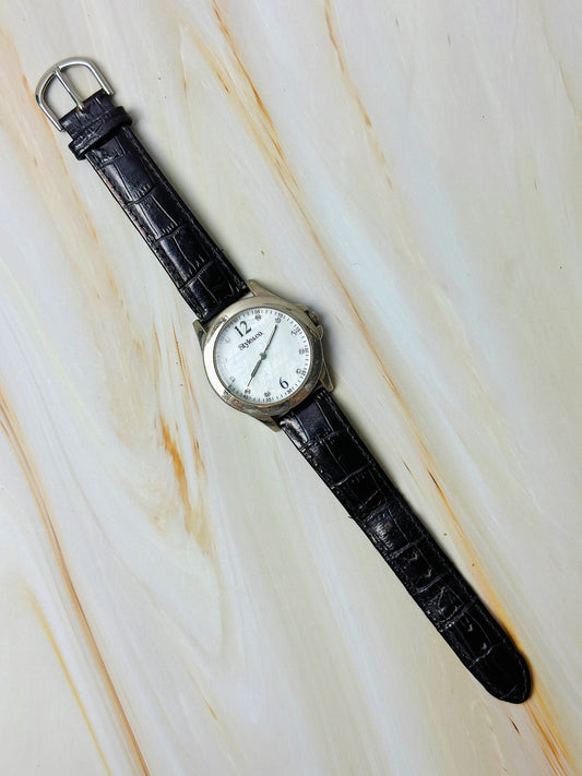 Style & Co. Ladies Watch – Crystal Markers – Mother of Pearl Dial – Black Leather Strap