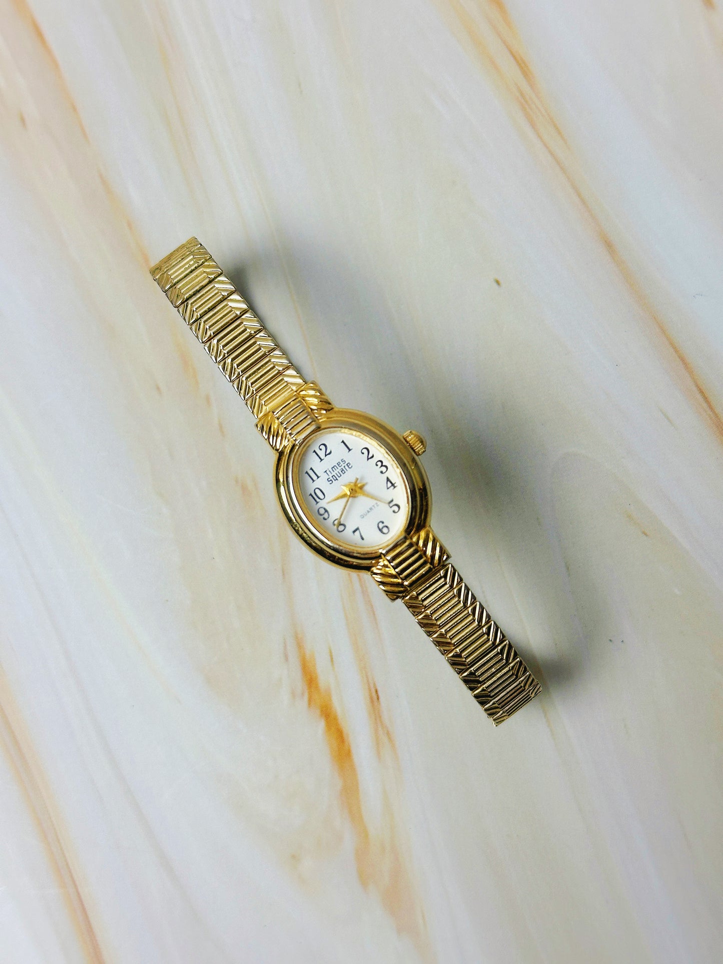 Times Square Ladies Watch – Gold Tone – Stretch Bracelet – Classic White Dial
