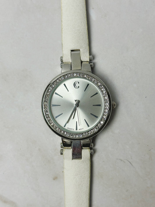C Ladies Watch – Crystal Bezel – Silver Tone Dial – White Leather Strap