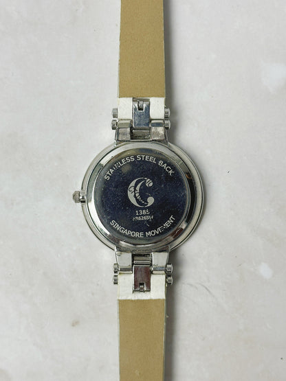 C Ladies Watch – Crystal Bezel – Silver Tone Dial – White Leather Strap