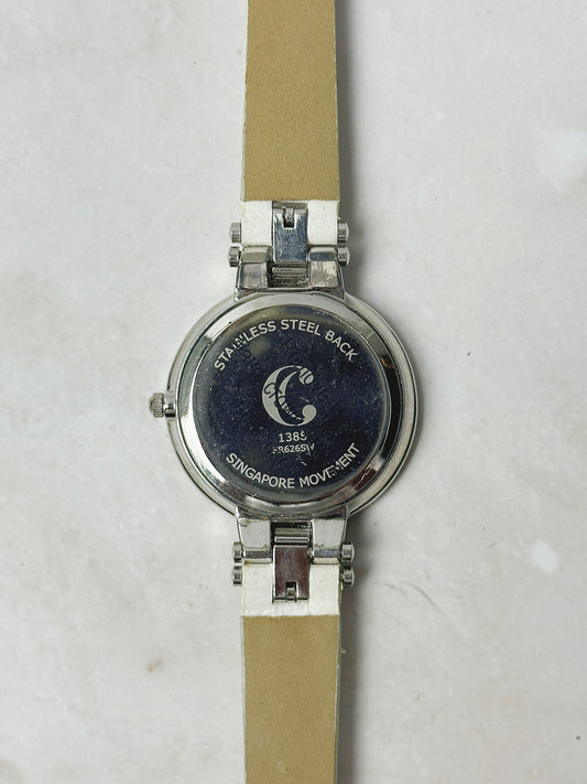 C Ladies Watch – Crystal Bezel – Silver Tone Dial – White Leather Strap