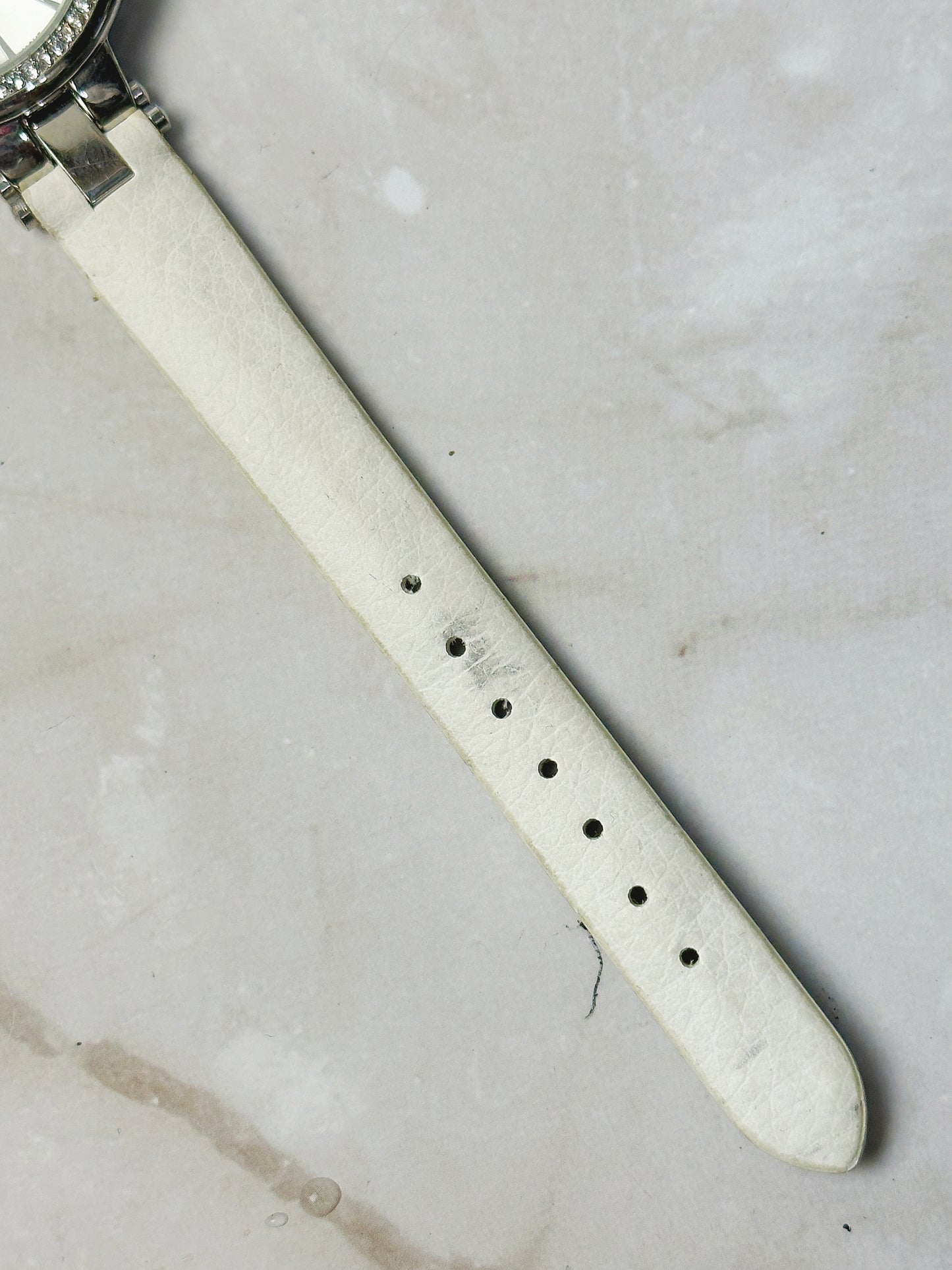 C Ladies Watch – Crystal Bezel – Silver Tone Dial – White Leather Strap