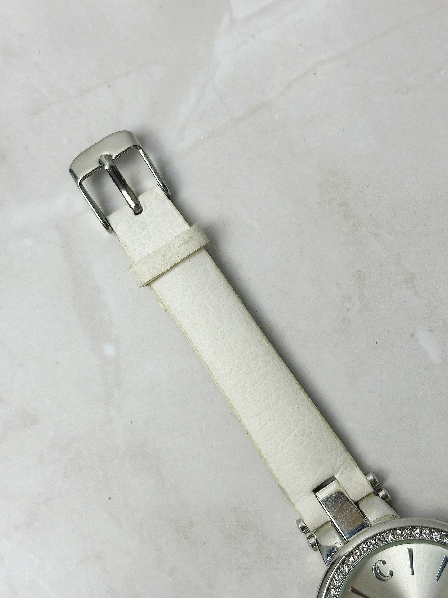 C Ladies Watch – Crystal Bezel – Silver Tone Dial – White Leather Strap