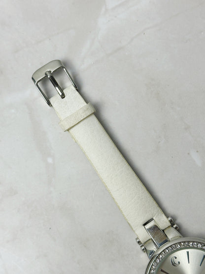 C Ladies Watch – Crystal Bezel – Silver Tone Dial – White Leather Strap