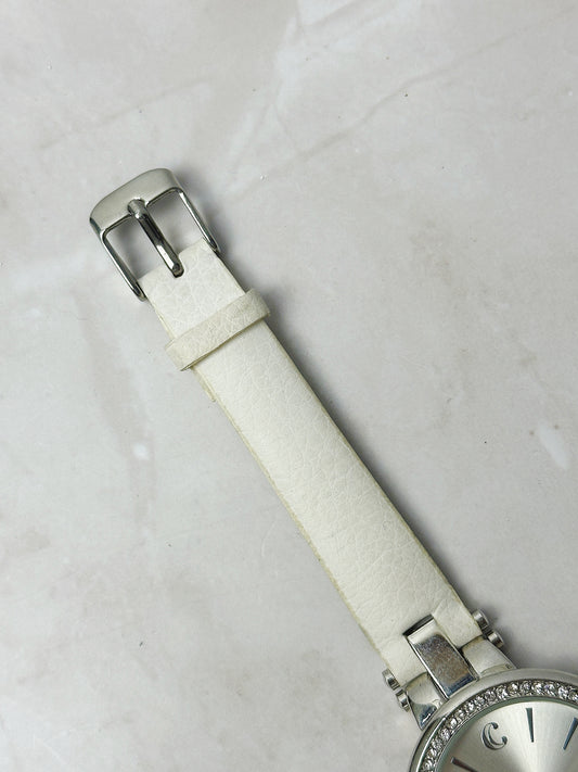 C Ladies Watch – Crystal Bezel – Silver Tone Dial – White Leather Strap