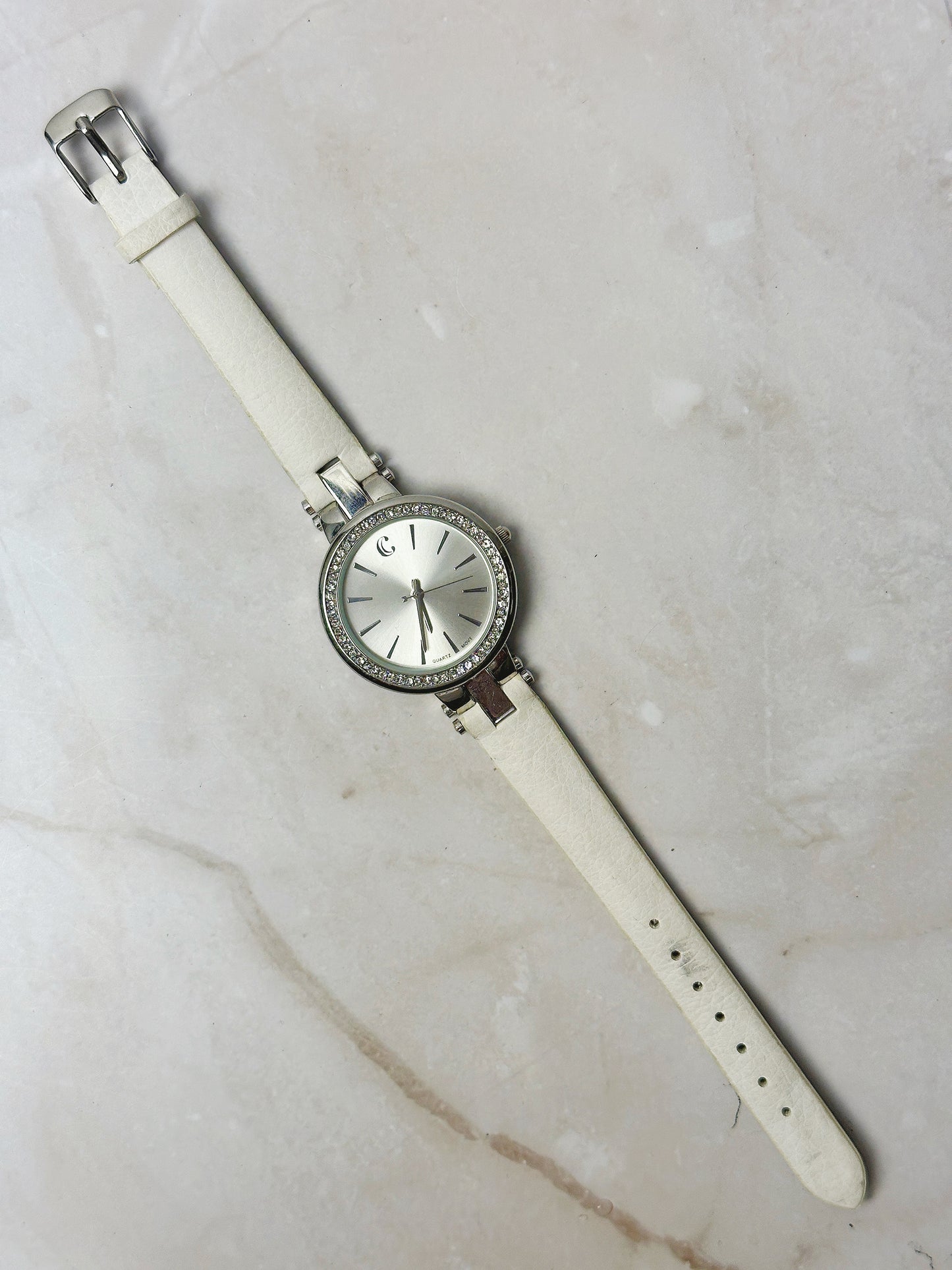 C Ladies Watch – Crystal Bezel – Silver Tone Dial – White Leather Strap