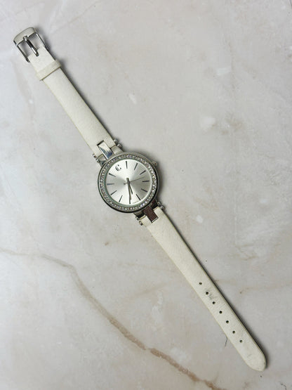 C Ladies Watch – Crystal Bezel – Silver Tone Dial – White Leather Strap