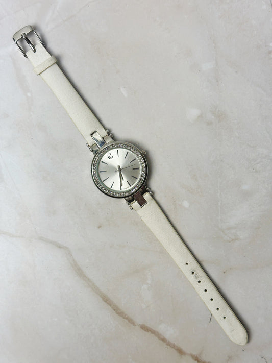 C Ladies Watch – Crystal Bezel – Silver Tone Dial – White Leather Strap