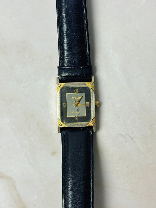 Consort Vintage Ladies Watch – Rectangular Gold Tone Case – Black Dial – Leather Strap