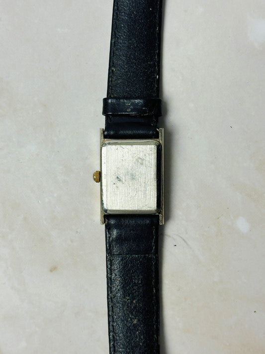 Consort Vintage Ladies Watch – Rectangular Gold Tone Case – Black Dial – Leather Strap