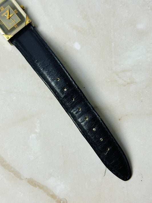 Consort Vintage Ladies Watch – Rectangular Gold Tone Case – Black Dial – Leather Strap