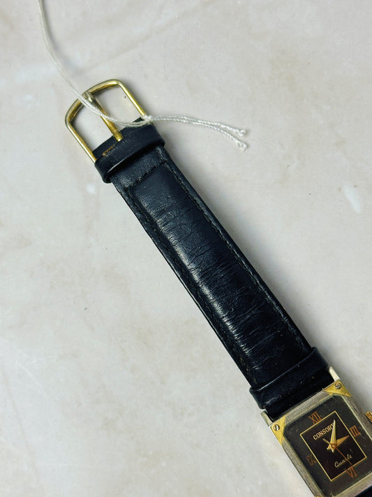 Consort Vintage Ladies Watch – Rectangular Gold Tone Case – Black Dial – Leather Strap