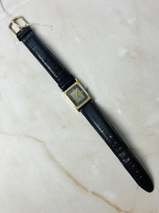 Consort Vintage Ladies Watch – Rectangular Gold Tone Case – Black Dial – Leather Strap