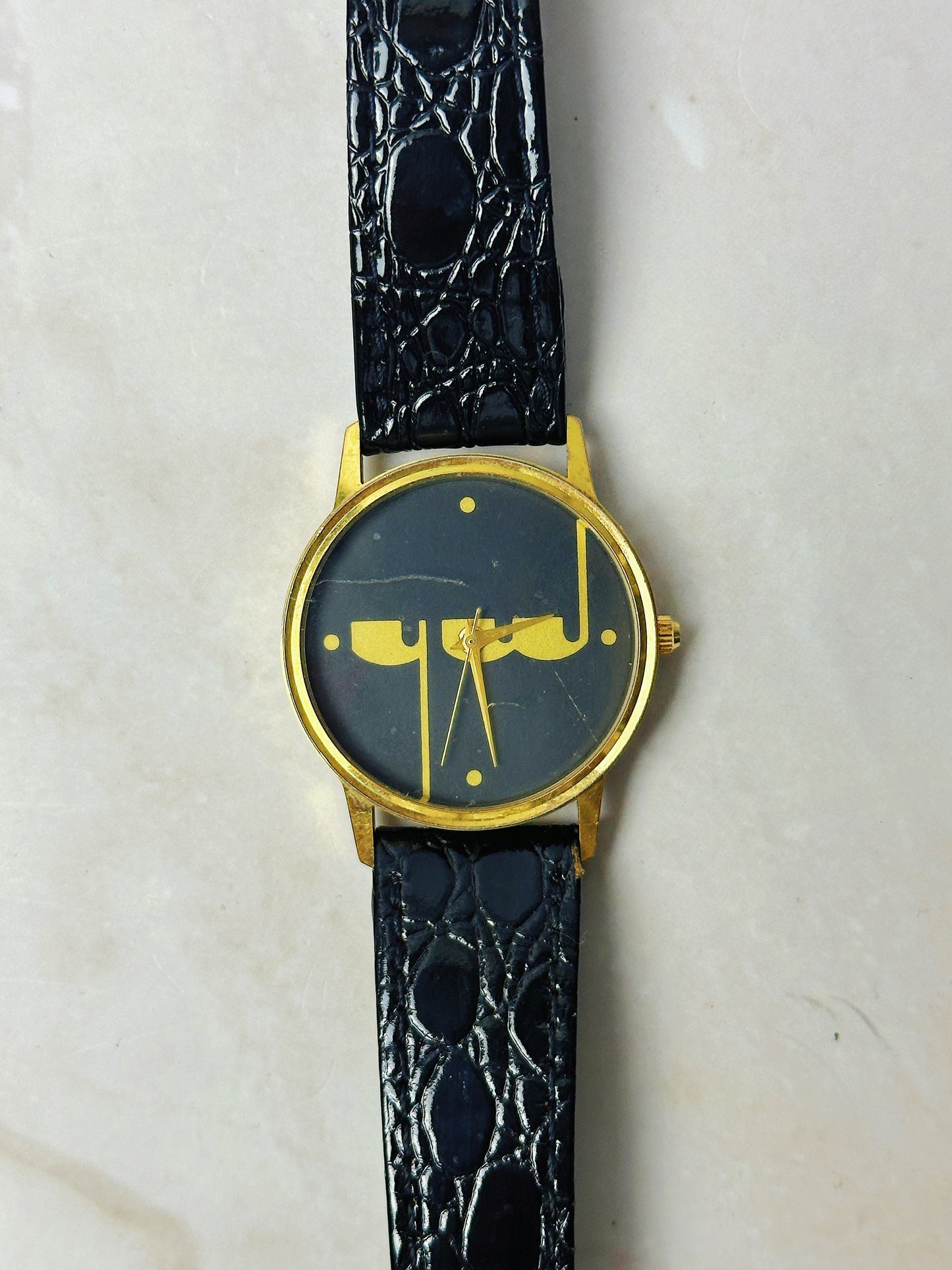 Vintage Minimalist Arabic Dial Watch – Gold Tone Case – Black Dial – Leather Strap