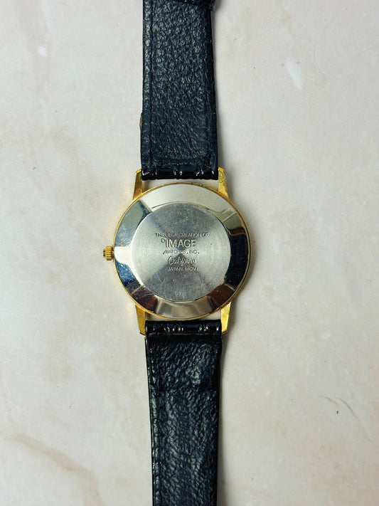 Vintage Minimalist Arabic Dial Watch – Gold Tone Case – Black Dial – Leather Strap
