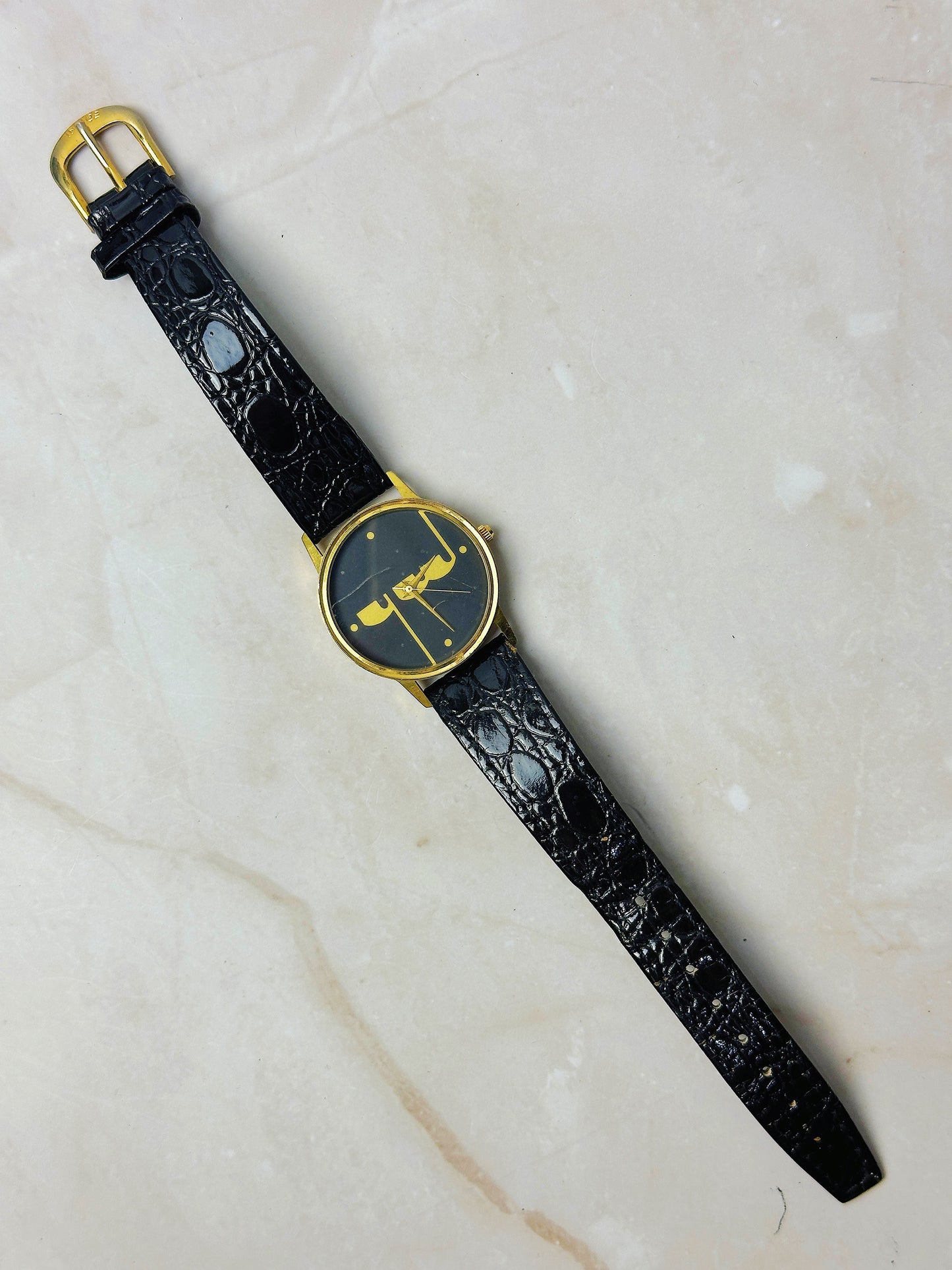 Vintage Minimalist Arabic Dial Watch – Gold Tone Case – Black Dial – Leather Strap