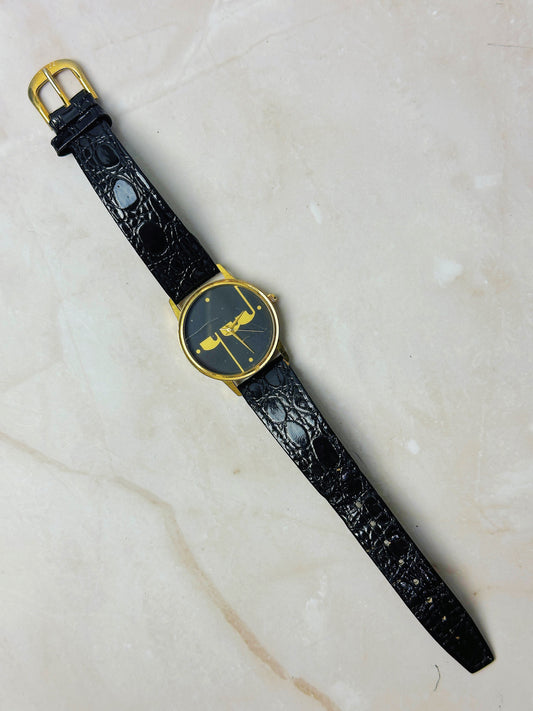 Vintage Minimalist Arabic Dial Watch – Gold Tone Case – Black Dial – Leather Strap