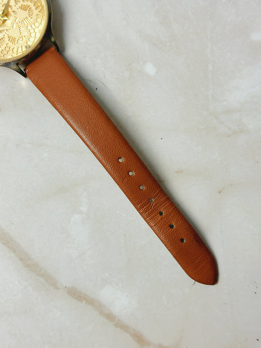 Vintage Floral Pattern Dial Watch – Gold Tone Face – Brown Leather Strap