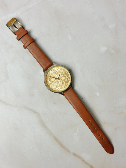 Vintage Floral Pattern Dial Watch – Gold Tone Face – Brown Leather Strap