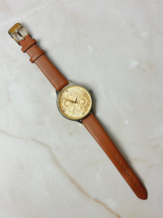 Vintage Floral Pattern Dial Watch – Gold Tone Face – Brown Leather Strap