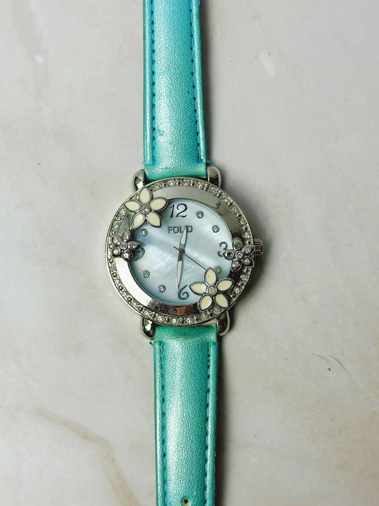 Folio Floral Crystal Ladies Watch – Mother of Pearl Dial – Turquoise Strap