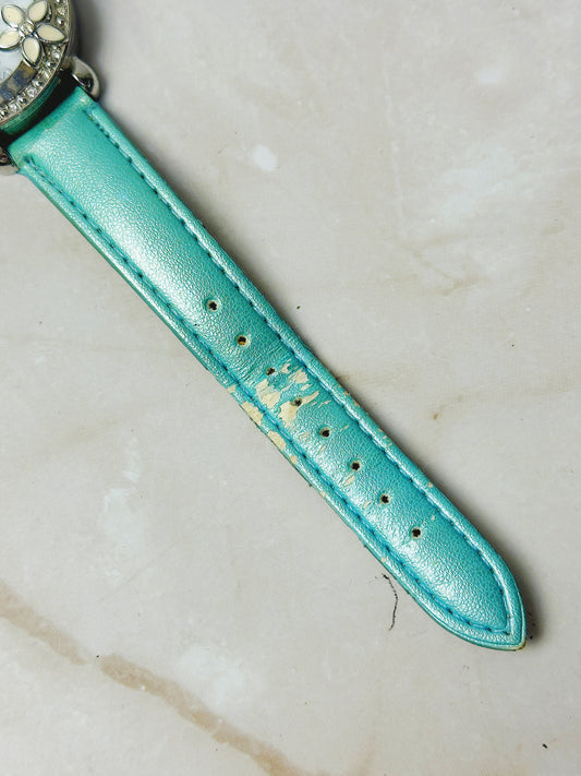 Folio Floral Crystal Ladies Watch – Mother of Pearl Dial – Turquoise Strap