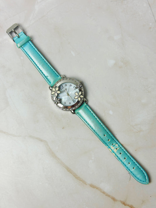 Folio Floral Crystal Ladies Watch – Mother of Pearl Dial – Turquoise Strap