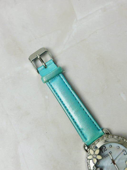 Folio Floral Crystal Ladies Watch – Mother of Pearl Dial – Turquoise Strap